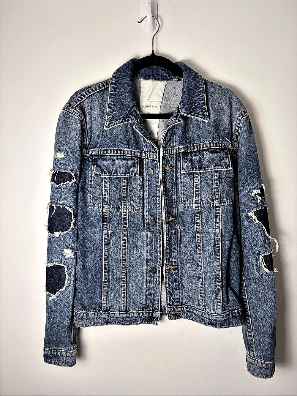 Helmut Lang MR87 Destroy Distressed Indigo Denim Trucker Jacket S oversized